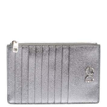 Pre Owned Dolce & Gabbana Silver Leather Crystal Embellished Logo Zipped Card Holder
