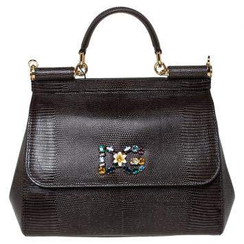 Pre Owned Dolce & Gabbana Brown Iguana Embossed Leather Crystal DG Logo Medium Miss Sicily Bag
