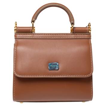 Pre Owned Dolce & Gabbana Tan Leather Micro Sicily 58 Top Handle Bag