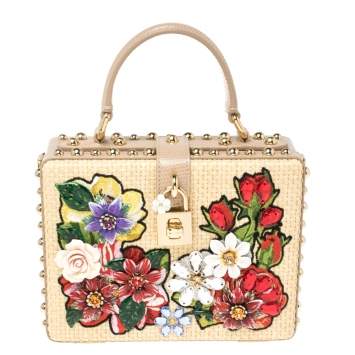 Pre Owned Dolce & Gabbana Beige Embroidered Raffia and Leather Crystal Embellished Box Top Handle Bag            