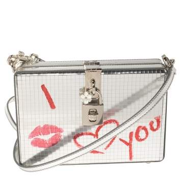 Pre Owned Dolce & Gabbana Metallic Silver Patent Leather I Love You Box Clutch