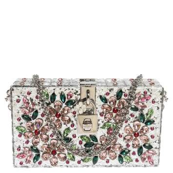 Pre Owned Dolce & Gabbana Silver Acrylic Crystal Embellished Box Locket Clutch Bag