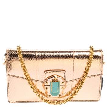 Pre Owned Dolce & Gabbana Metallic Rose Gold Snakeskin Lucia Chain Shoulder Bag