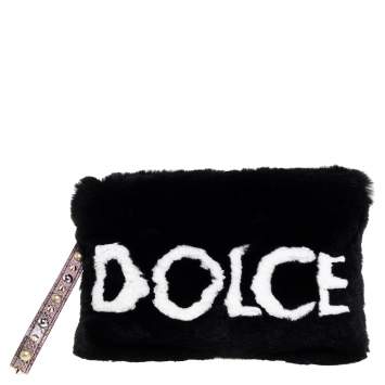 Pre Owned Dolce & Gabbana Black Fur and Snakeskin Cleo Clutch