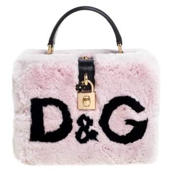 Pre Owned Dolce & Gabbana Dusty Pink/Black Rabbit Fur and Lizard Embossed Leather Dolce Box Top Handle Bag