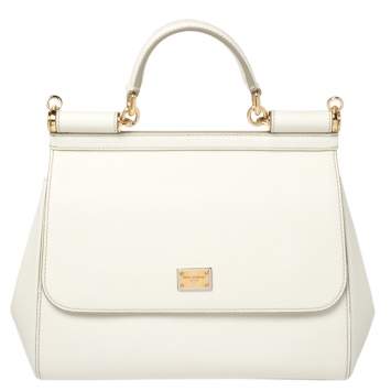 Pre Owned Dolce & Gabbana White Leather Medium Miss Sicily Top Handle Bag