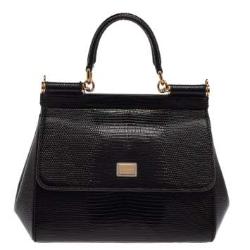 Pre Owned Dolce & Gabbana Black Lizard Embossed Leather Small Miss Sicily Top Handle Bag