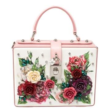 Pre Owned Dolce & Gabbana Pink/White Leather Floral Embellished Dolce Box Bag 