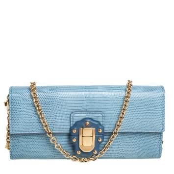 Pre Owned Dolce & Gabbana Blue Lizard Embossed Leather Lucia Wallet On Chain
