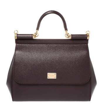 Pre Owned Dolce & Gabbana Burgundy Leather Medium Miss Sicily Top Handle Bag