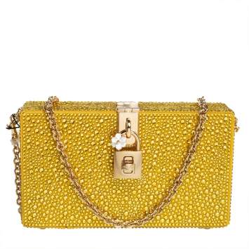 Pre Owned Dolce & Gabbana Yellow Crystal Embellished Satin Dolce Box Bag