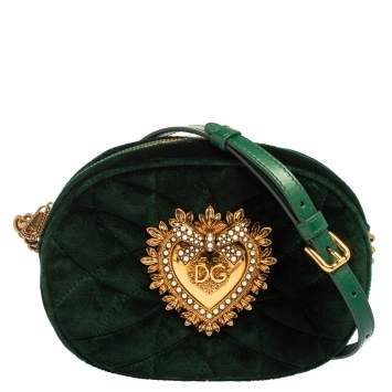 Pre Owned Dolce & Gabbana Green Matelassé Velvet Devotion Camera Crossbody Bag