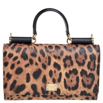 Pre Owned Dolce & Gabbana Black/Brown Leopard Print Coated Canvas Sicily Lipstick Wallet on Chain