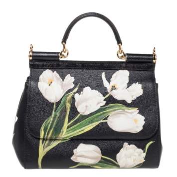 Pre Owned Dolce & Gabbana Black Tulip Print Leather Medium Miss Sicily Top Handle Bag