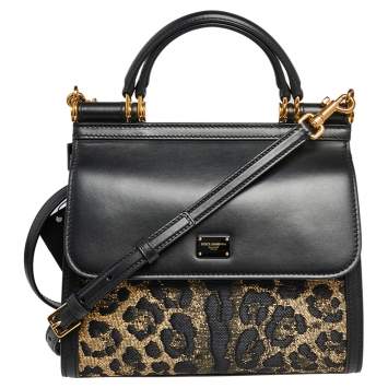 Pre Owned Dolce & Gabbana Black/Beige Jacquard Raffia and Leather Sicily 58 Top Handle Bag