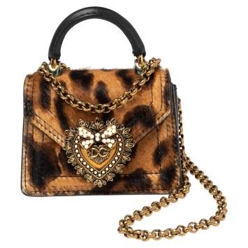 Pre Owned Dolce & Gabbana Brown Animal Print Pony Hair Micro Devotion Bag