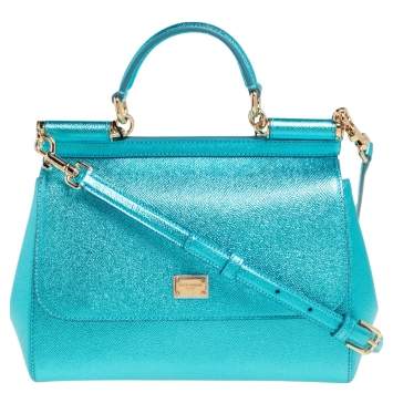 Pre Owned Dolce & Gabbana Metallic Celeste Leather Medium Miss Sicily Top Handle Bag