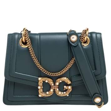 Pre Owned Dolce & Gabbana Forest Green Leather DG Amore Crossbody Bag