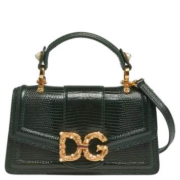 Pre Owned Dolce & Gabbana Green Lizard Embossed Leather Mini DG Amore Top Handle Bag