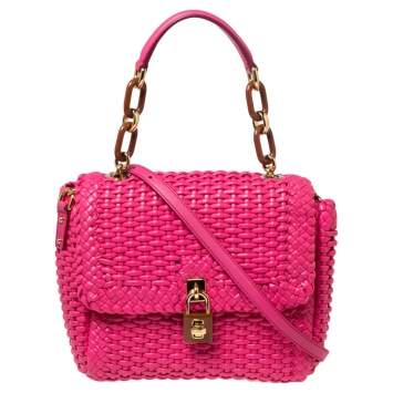Pre Owned Dolce & Gabbana Pink Woven Leather Padlock Top Handle Bag