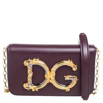 Pre Owned Dolce & Gabbana Burgundy Leather DG Girls Shoulder Bag