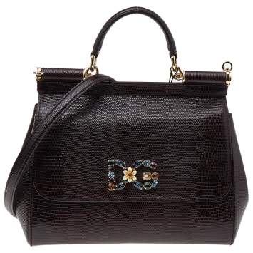 Pre Owned Dolce & Gabbana Burgundy Lizard Embossed Leather Crystal DG Logo Medium Miss Sicily Bag