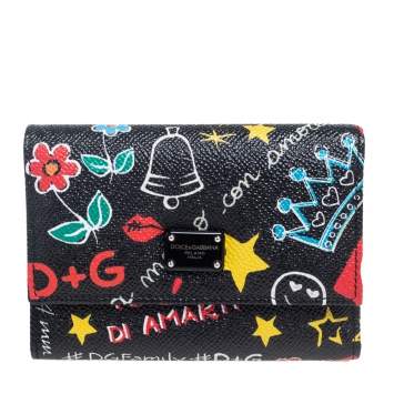 Pre Owned Dolce & Gabbana Black Graffiti Print Leather Tri-fold Wallet