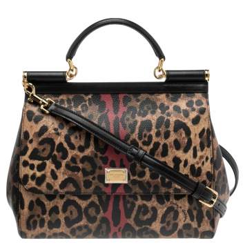 Pre Owned Dolce & Gabbana Black/Brown Leopard Print Coated Canvas and Leather Regular Miss Sicily Top Handle Bag