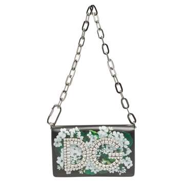 Pre Owned Dolce & Gabbana Black Floral Print Leather DG Girls Crystal Embellished Shoulder Bag