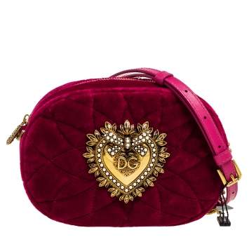 Pre Owned Dolce & Gabbana Pink Matelassé Velvet Devotion Camera Crossbody Bag