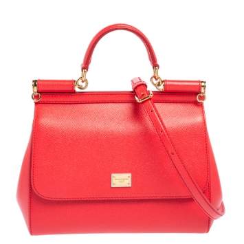 Pre Owned Dolce & Gabbana Red Leather Medium Miss Sicily Top Handle Bag