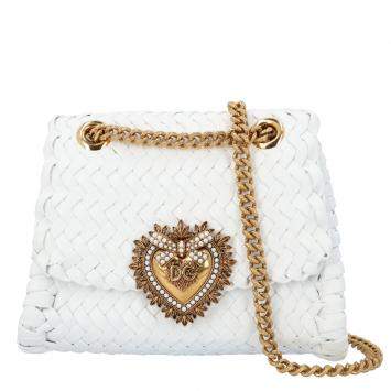 Pre Owned Dolce & Gabbana White Woven Nappa Leather Devotion Small Shoulder Bag