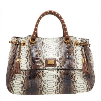 Pre Owned Dolce & Gabbana Brown Python and Leather Tote