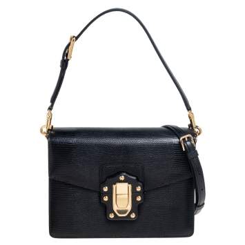 Pre Owned Dolce & Gabbana Black Lizard Embossed Leather Lucia Shoulder Bag