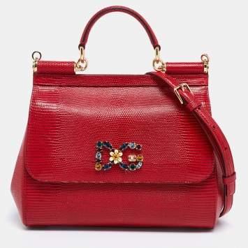 Pre Owned Dolce & Gabbana Red Lizard Embossed Leather Crystal DG Logo Medium Miss Sicily Bag