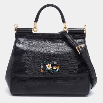 Pre Owned Dolce & Gabbana Black Lizard Embossed Leather Medium Miss Sicily Top Handle Bag