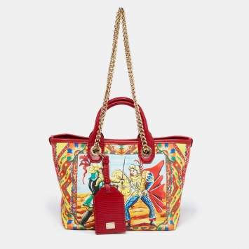 Pre Owned Dolce & Gabbana Multicolor Printed Canvas and Lizard Embossed Leather Small  Capri Tote