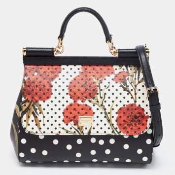 Pre Owned Dolce & Gabbana Black/Multicolor Polka Dots Floral Leather Medium Miss Sicily Top Handle Bag