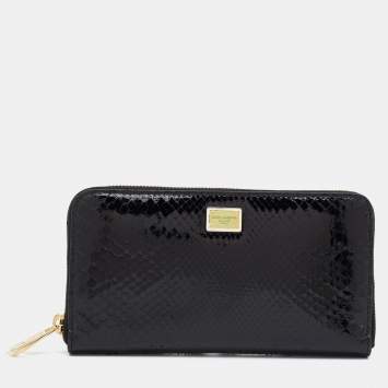 Pre Owned Dolce & Gabbana Black Python Zip Around Wallet
