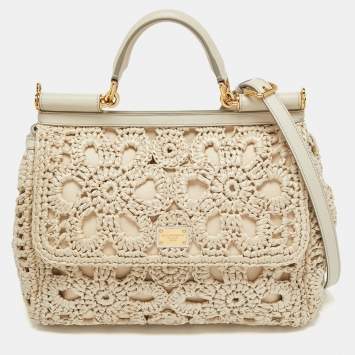 Pre Owned Dolce and Gabbana Off White Crochet Raffia Large Miss Sicily Top Handle Bag
