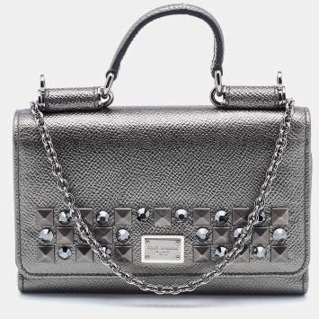 Pre Owned Dolce & Gabbana Metallic Grey Leather Miss Sicily Von Studded Wallet on Chain