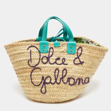 Pre Owned Dolce & Gabbana Green/Natural Raffia and Lizard Embossed Leather Kendra Tote