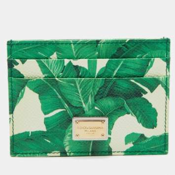 Pre Owned Dolce & Gabbana White/Green Leather Banana Leaf Print Card Holder