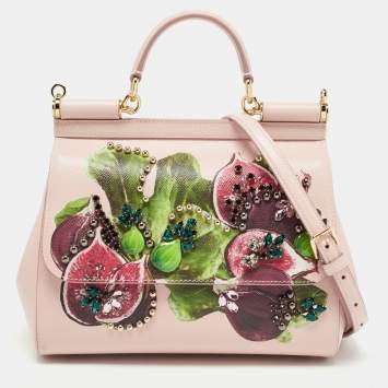 Pre Owned Dolce & Gabbana Pink Fig Print Leather Medium Embellished Sicily Top Handle Bag