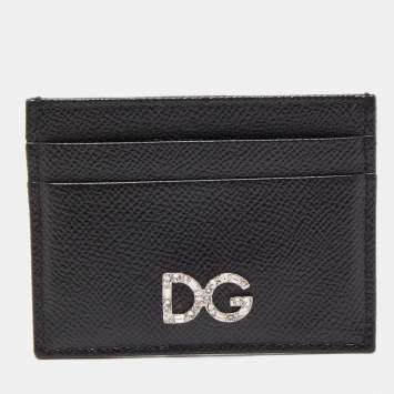 Pre Owned Dolce & Gabbana Black Leather DG Crystals Card Holder