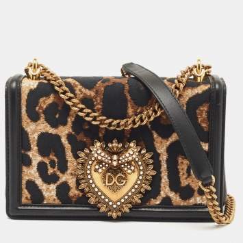 Pre Owned Dolce & Gabbana Black/Brown Leopard Print Canvas and Leather Medium Devotion Shoulder Bag