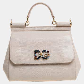 Pre Owned Dolce & Gabbana Beige Lizard Embossed Leather Crystal DG Logo Medium Miss Sicily Bag