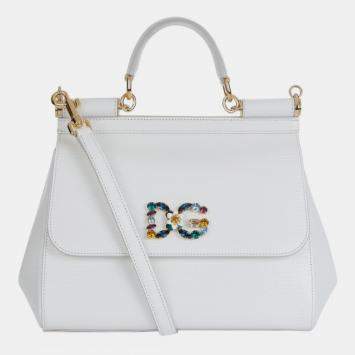 Pre Owned Dolce & Gabbana White - Inguana Embossed Leather - Crystal DG Logo Medium Miss Sicily Bag