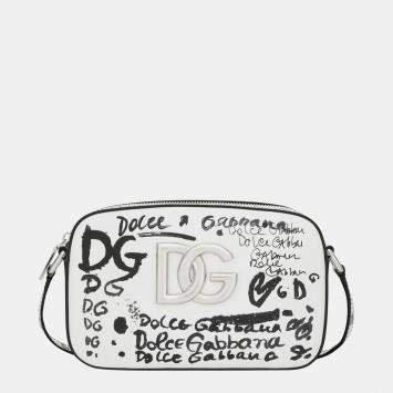 Pre Owned Dolce & Gabbana Black & White - Leather - Logo Printed Crossbody Bag
