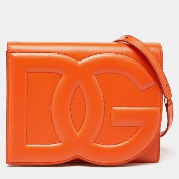 Pre Owned Dolce & Gabbana Orange Leather DG Logo Flap Bag